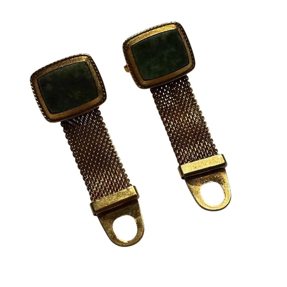 Vintage Mid Century Wrap Cufflinks goldtone mesh & green faux marble classics